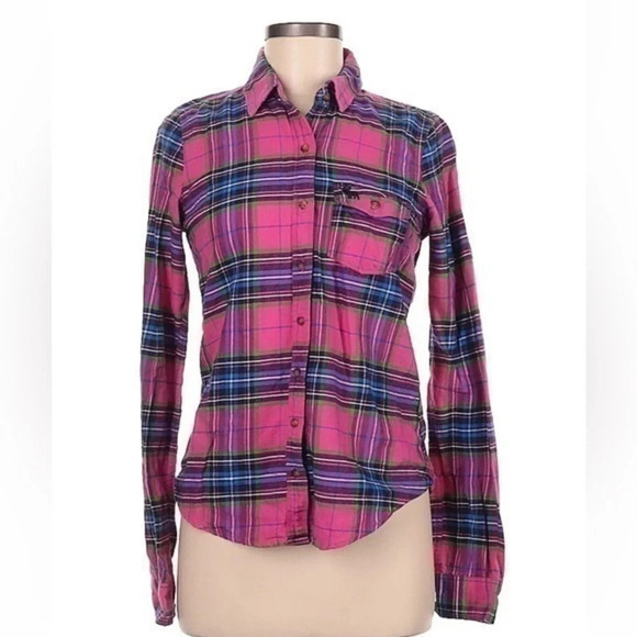 Vintage Abercrombie & Fitch Plaid Button Down Blouse Moose Logo Y2K Size Medium - Picture 1 of 2